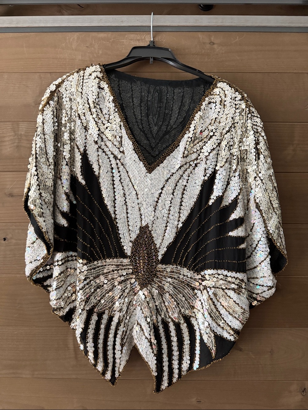 Vintage Black Sequin Embellished V-Neck Tunic with Gold Accents